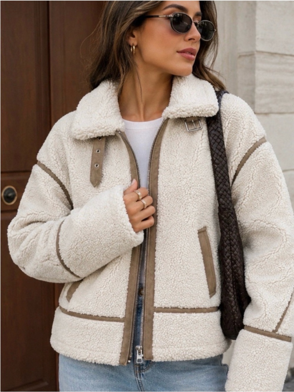 Zara Cream Sherpa Teddy Jacket with Contrast Trim